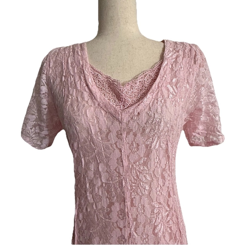 VTG Nostalgia Maxi Gauzy Lace Dress sz M Pink Short Sleeve Flowy Fairy Boho - Picture 3 of 7